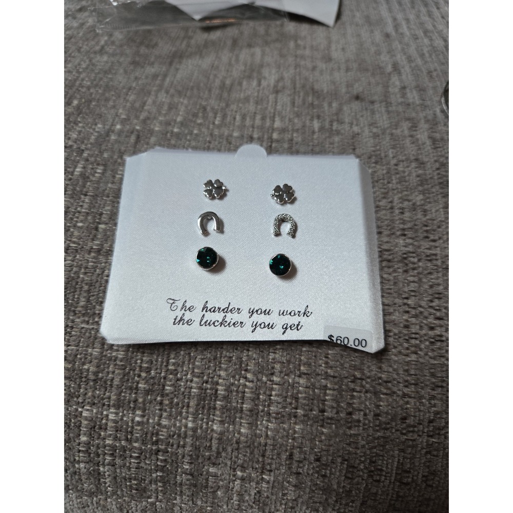 Sliver Lucky Charm Earring Set- Clover Horseshoe & Green Gem Studs Inspirational - Picture 2 of 3